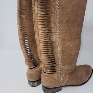Very Volatile Fringe Riding Boot Leather Taupe women's 6.5